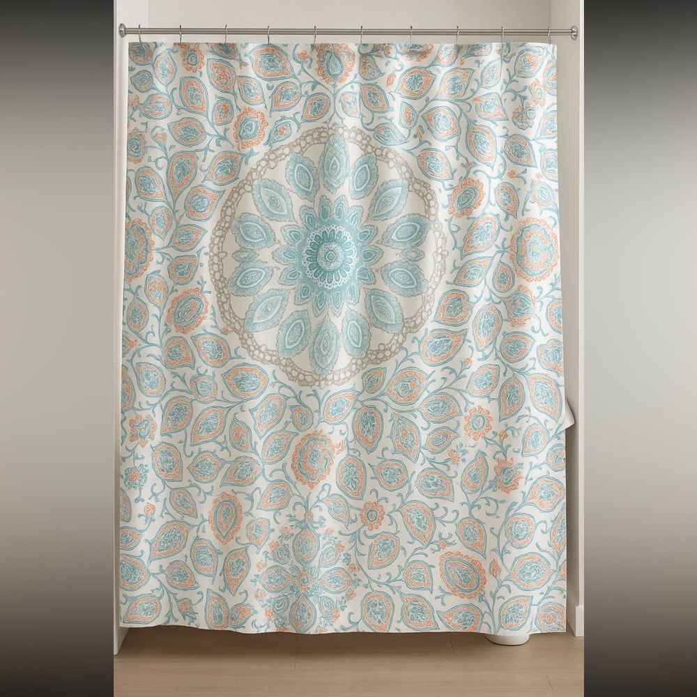 Cynthia Rowley Boho Medallion Shower Curtain Aqua Coral Paisley 72x72
